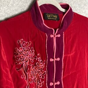 Vintage Bob Mackie Wearable Art Red Silk Floral Embroidered Mandarin Collar Top